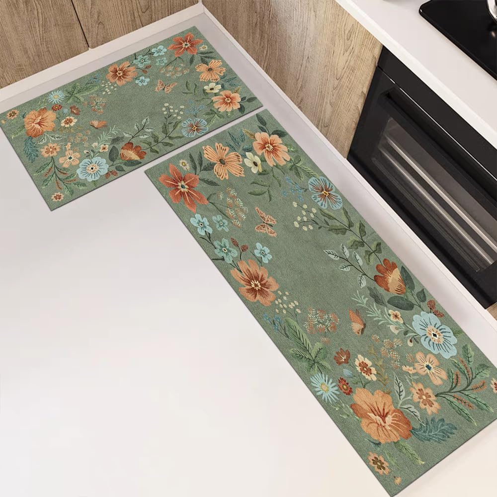 Green Floral Kitchen Mats for Floor 2 PCS,Boho Vintage Botanical Non Slip Kitchen Rug Aesthetic Flower Carpet Runners for Kitchen Laundry Bathroom,
